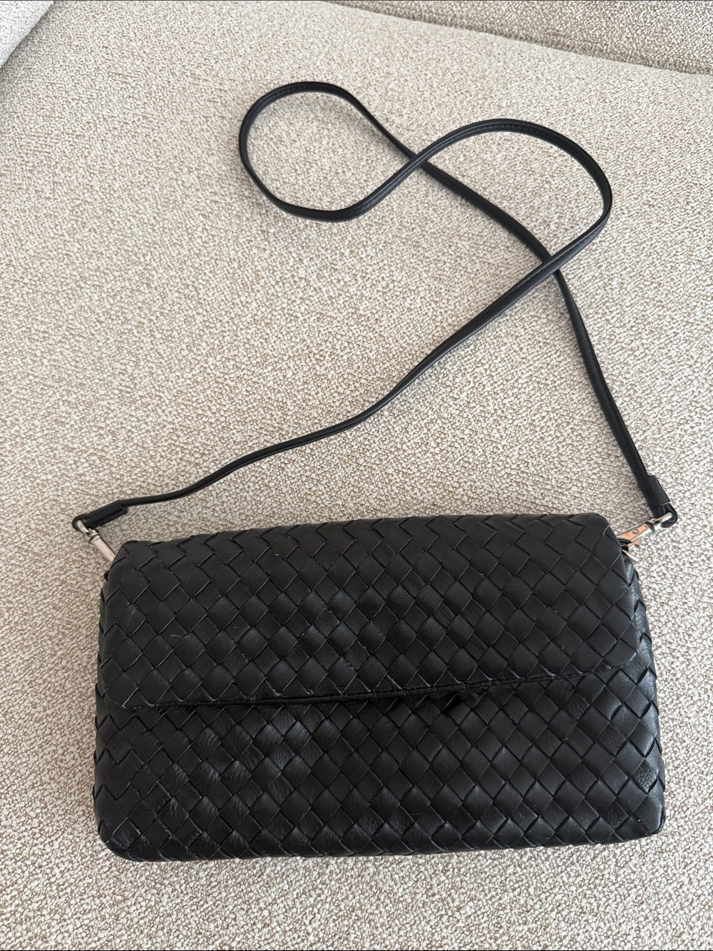 Black Woven Leather Crossbody Bag with Slim Strap